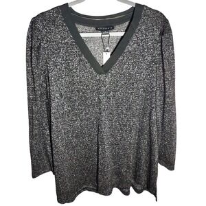 Sanctuary Womens‎ 1X Long Sleeve V Neck Glitter Sparkle Knit Top Black Silver
